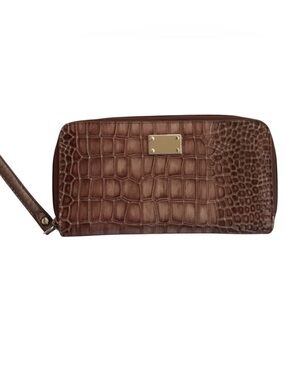Brown Croc Embossed Zip Around Wallet Wristlet Gold Hardware NWOT
